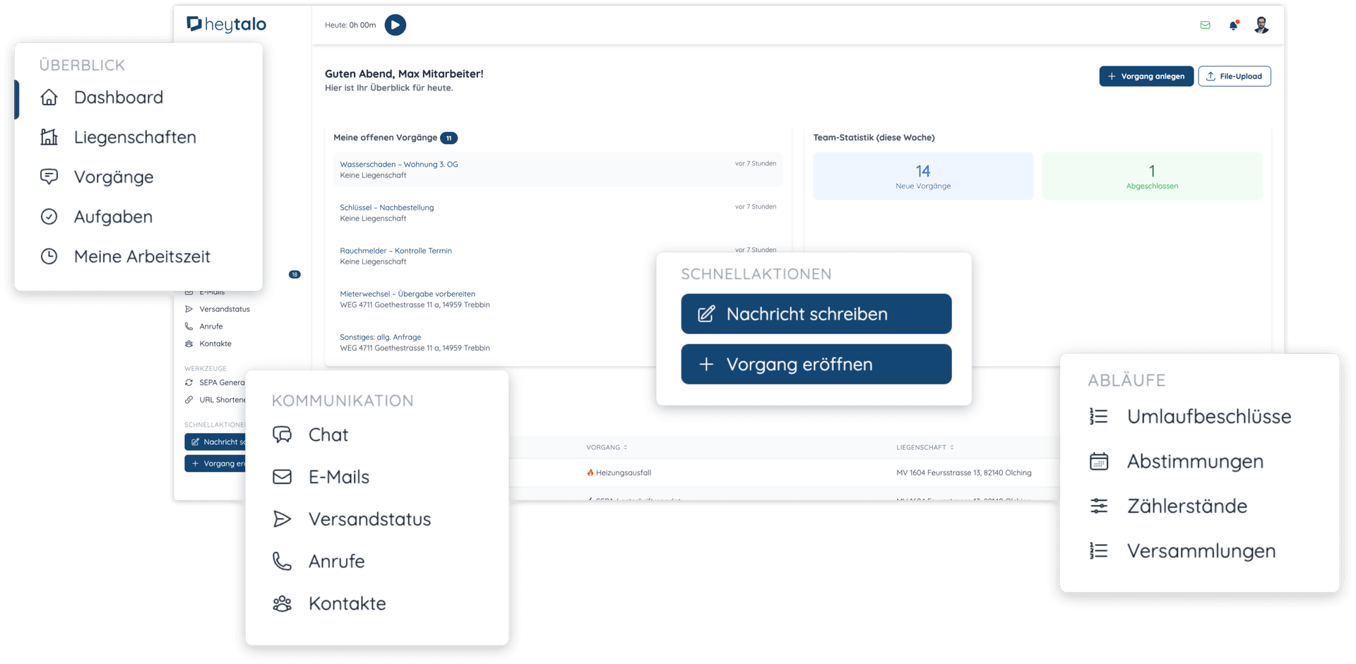heytalo Dashboard mit Vorgängen und Team-Statistiken